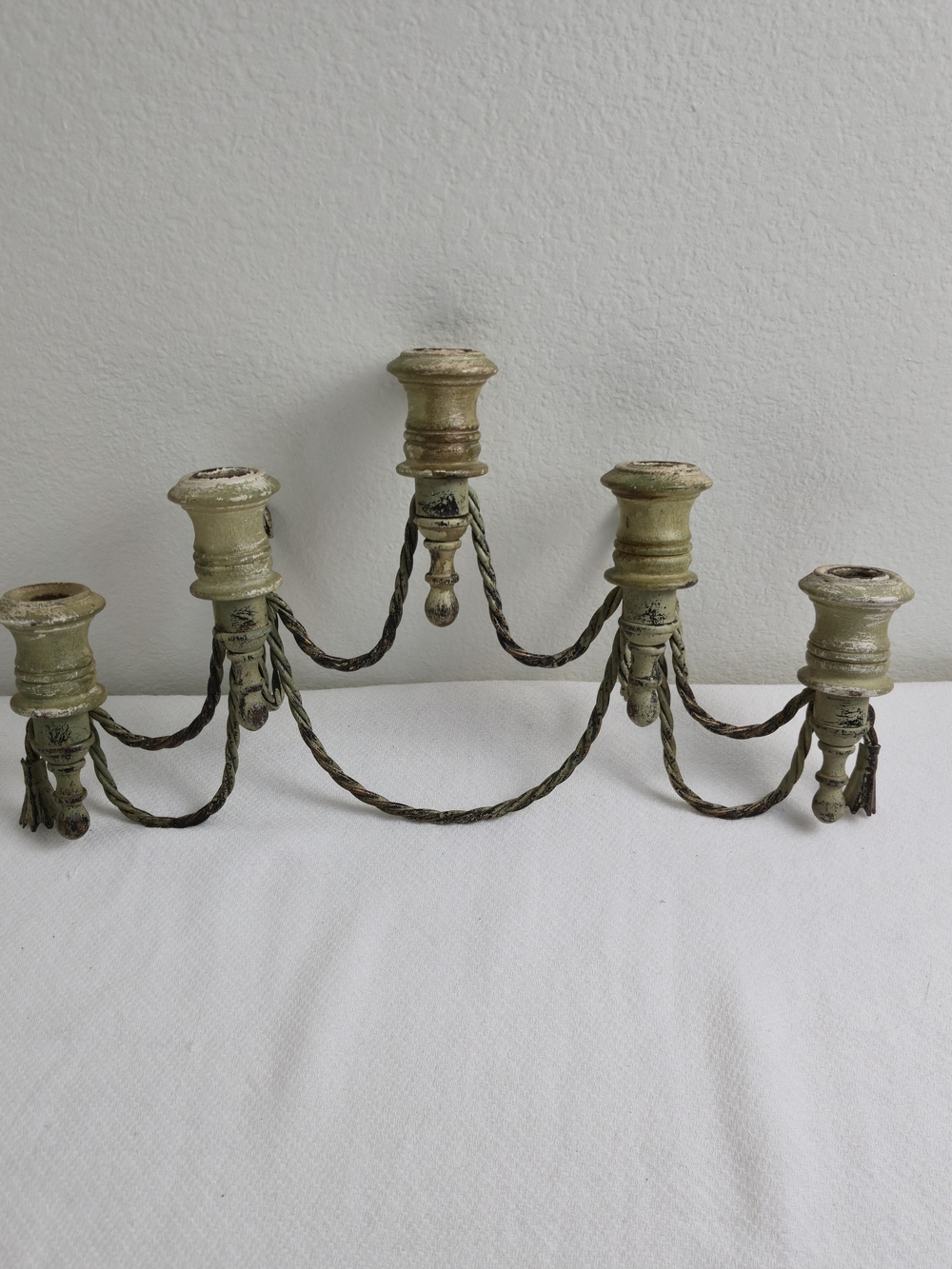 Vintage Distressed Green Wood 5-Arm Wall Sconce Candle Holder Rope Tassel Shabby